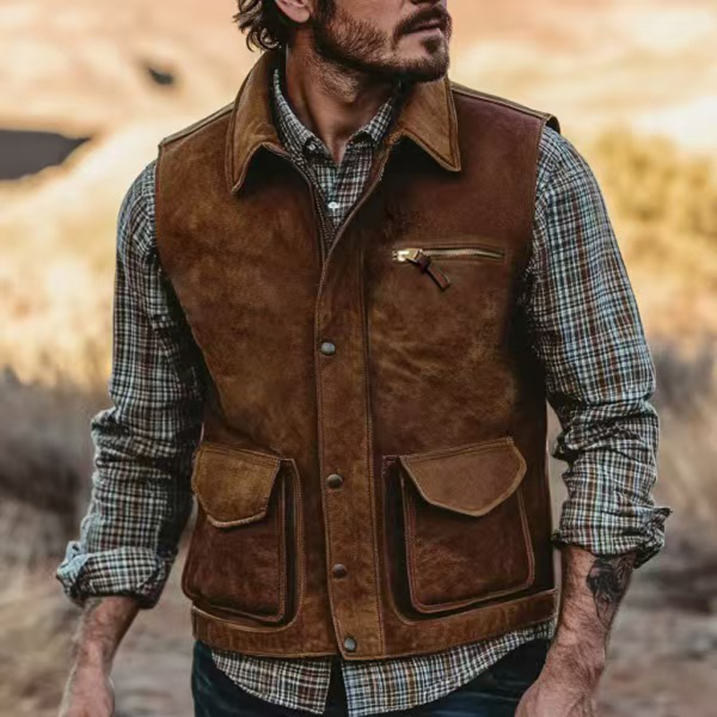 Leather Work Vest - Retro Men's เสื้อสเวตเตอร์ถักอินเทรนด์เสื้อแจ็คเก็ต 2025 ใหม่กระเป๋าซิปเสื้อแจ็คเก็ตอุ่นเสื้อกั๊กแฟชั่นที่ถูกบล็อกเสื้อแขนกุดผู้ชายเสื้อผ้า