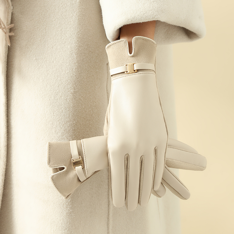 Leather Work Winter Gloves - ถุงมือ 1 คู่สำหรับผู้หญิงในฤดูหนาว บุด้วยผ้าฟลีซเพื่อความอบอุ่นและหน้าจอสัมผัส ถุงมือขับรถสำหรับปั่นจักรยานที่หรูหราและประณีต