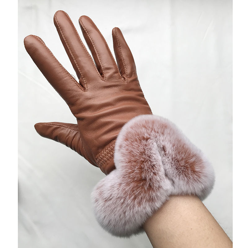 Leather Work Winter Gloves - ผู้หญิงฤดูหนาวถุงมือหนังหนังแกะแท้ Rex กระต่ายขนสัตว์ฤดูหนาวหญิงถุงมือหนังแท้มืออุ่น