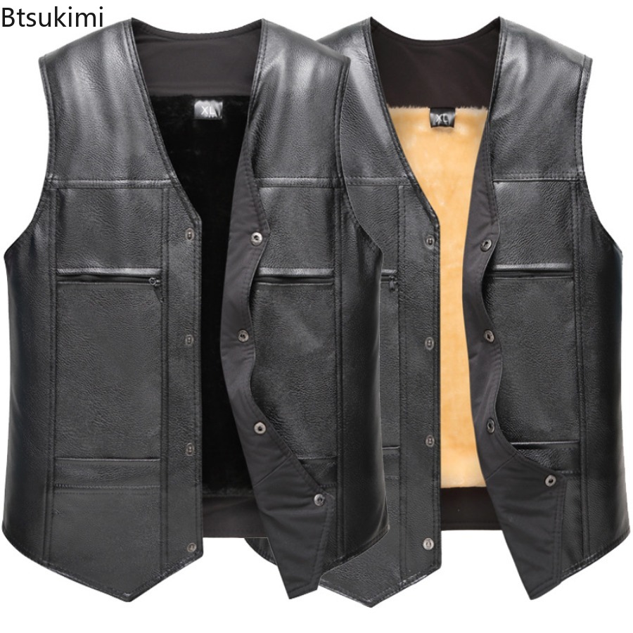 Leather Work Vest - ฤดูใบไม้ร่วงฤดูหนาวใหม่หนังผู้ชายเสื้อกั๊กขนแกะซับ WARM เสื้อกั๊กแฟชั่น V คอเสื้อกั๊กเสื้อแจ็คเก็ตหล่อรถจักรยานยนต์เสื้อกั๊ก