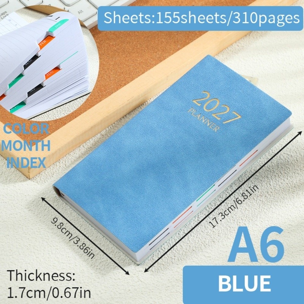 Leatherwork Plans - สมุดบันทึกวางแผนรายวัน A6 ปี 2027 พร้อมแถบแบ่งเดือนสีสันสดใส สมุดบันทึกแบบพกพา