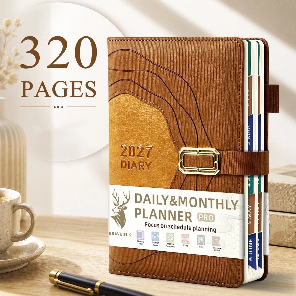 Leatherwork Plans - สมุดบันทึกตารางงานปี 2027 แบบหนา ปกหนัง PU สไตล์เรโทร
