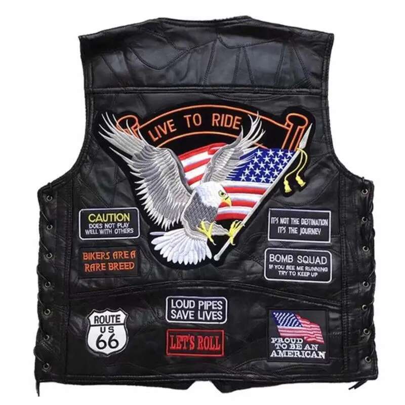 Leather Work Vest - เสื้อกั๊กหนังสำหรับขี่รถจักรยานยนต์สไตล์อเมริกันคลาสสิกสไตล์ป้ายปัก