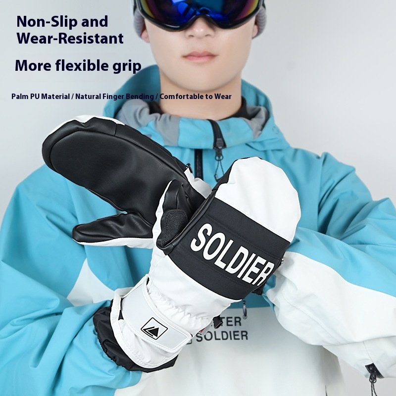 Leather Work Winter Gloves - ถุงมือสกีฤดูหนาวพร้อมแผ่นรองข้อมือในตัว ทนทานต่อการสึกหรอ กันน้ำ กันลม อุ่นสบาย เหมาะสำหรับวิ่ง