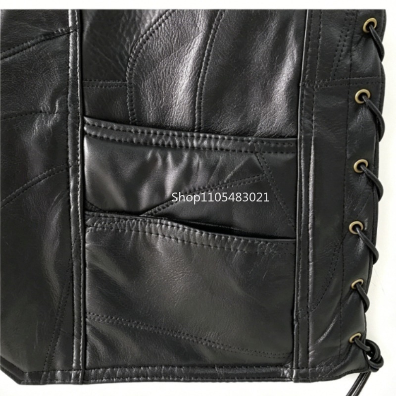 เสื้อกั๊กหนังผู้ชายสีดำแบบปะติ - Leather Work Vest บทวิจารณ์และราคา